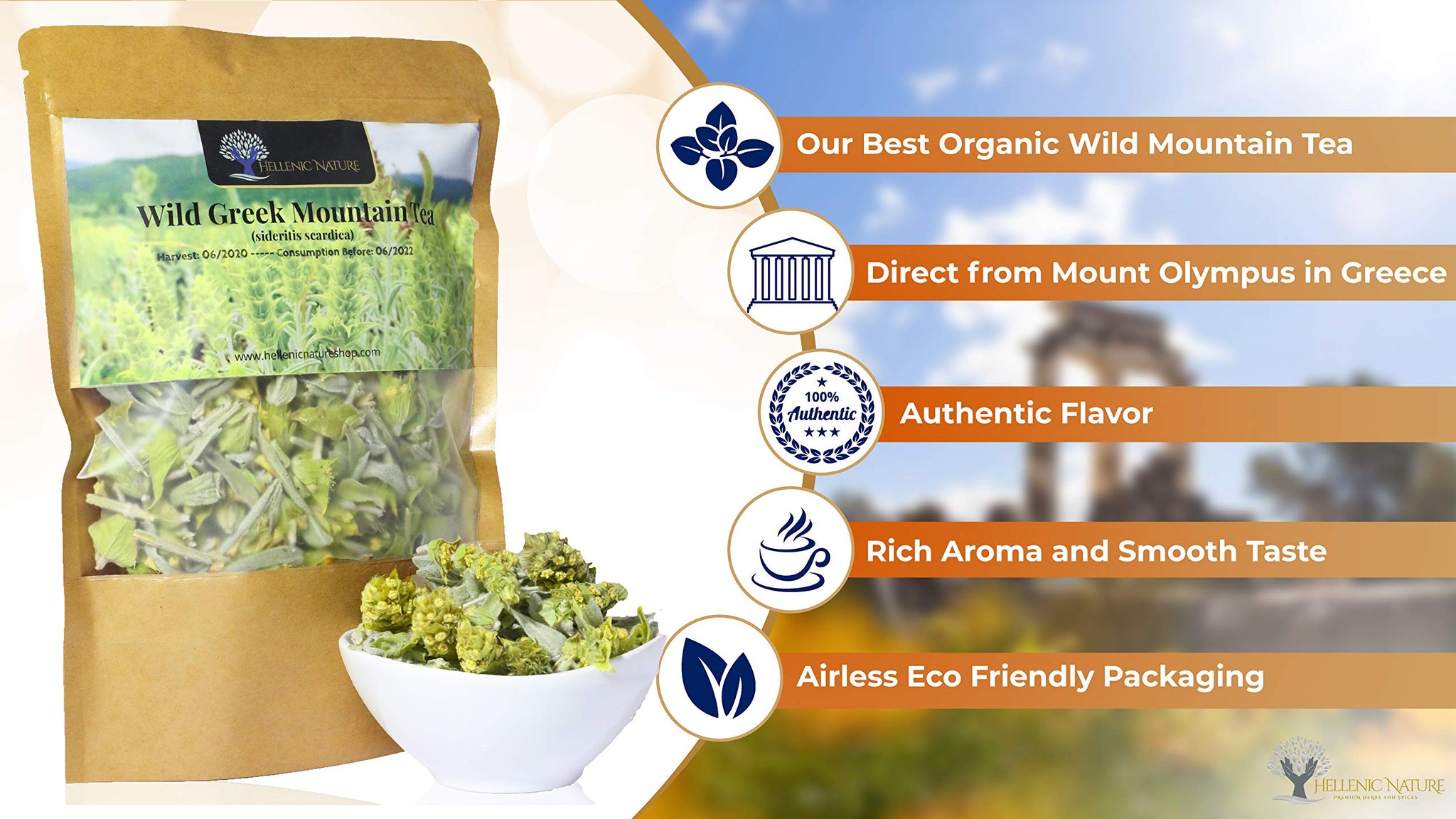 Organic Greek Mountain Tea Premium Quality from Mount Olympus Handpicked and Air-Dried (sideritis scardica) 40g (1.41oz) approx 60 Cups in DoyPack