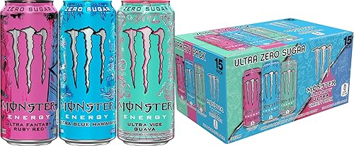 Monster Energy Variety Pack, Can, Blue Hawaiian, Vice Guava, Fantasy Ruby Red, Sugar Free Energy Drink, 16 Ounce (Pack of 15)