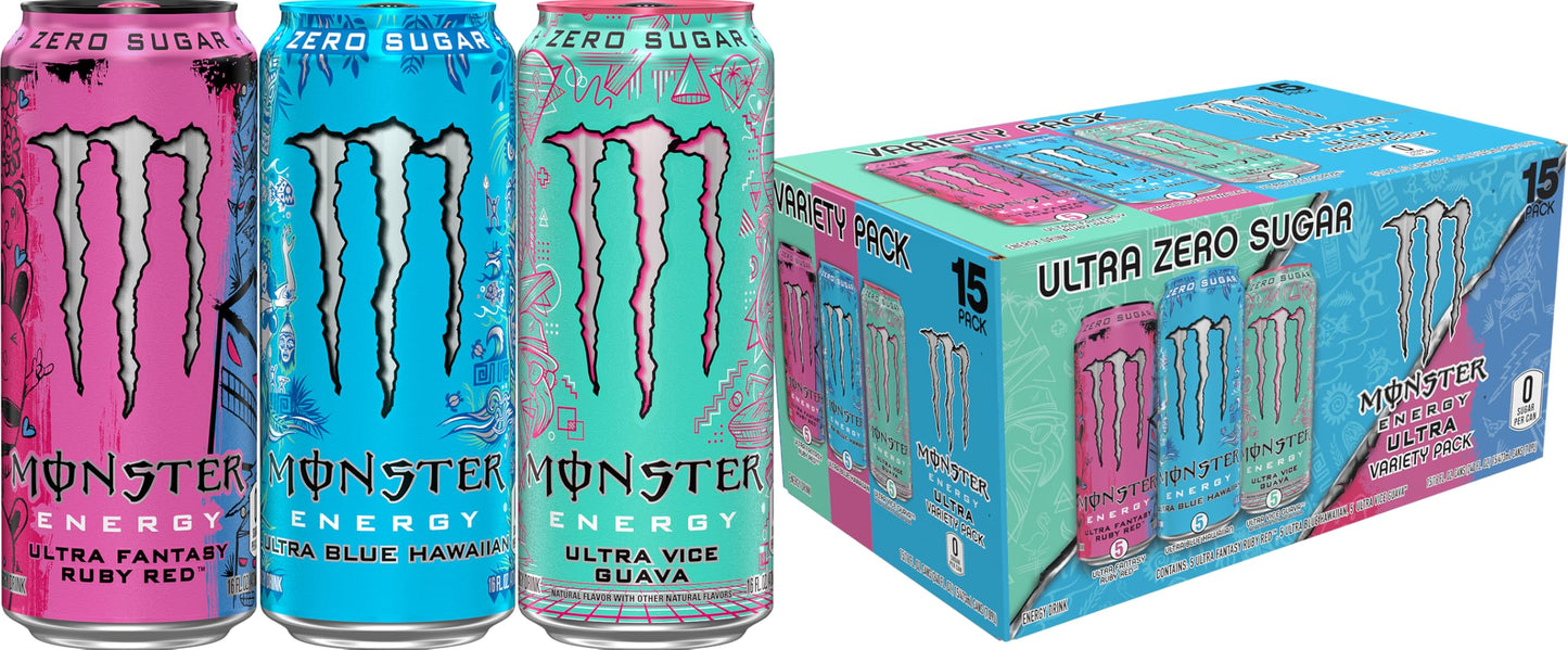 Monster Energy Variety Pack, Can, Blue Hawaiian, Vice Guava, Fantasy Ruby Red, Sugar Free Energy Drink, 16 Ounce (Pack of 15)