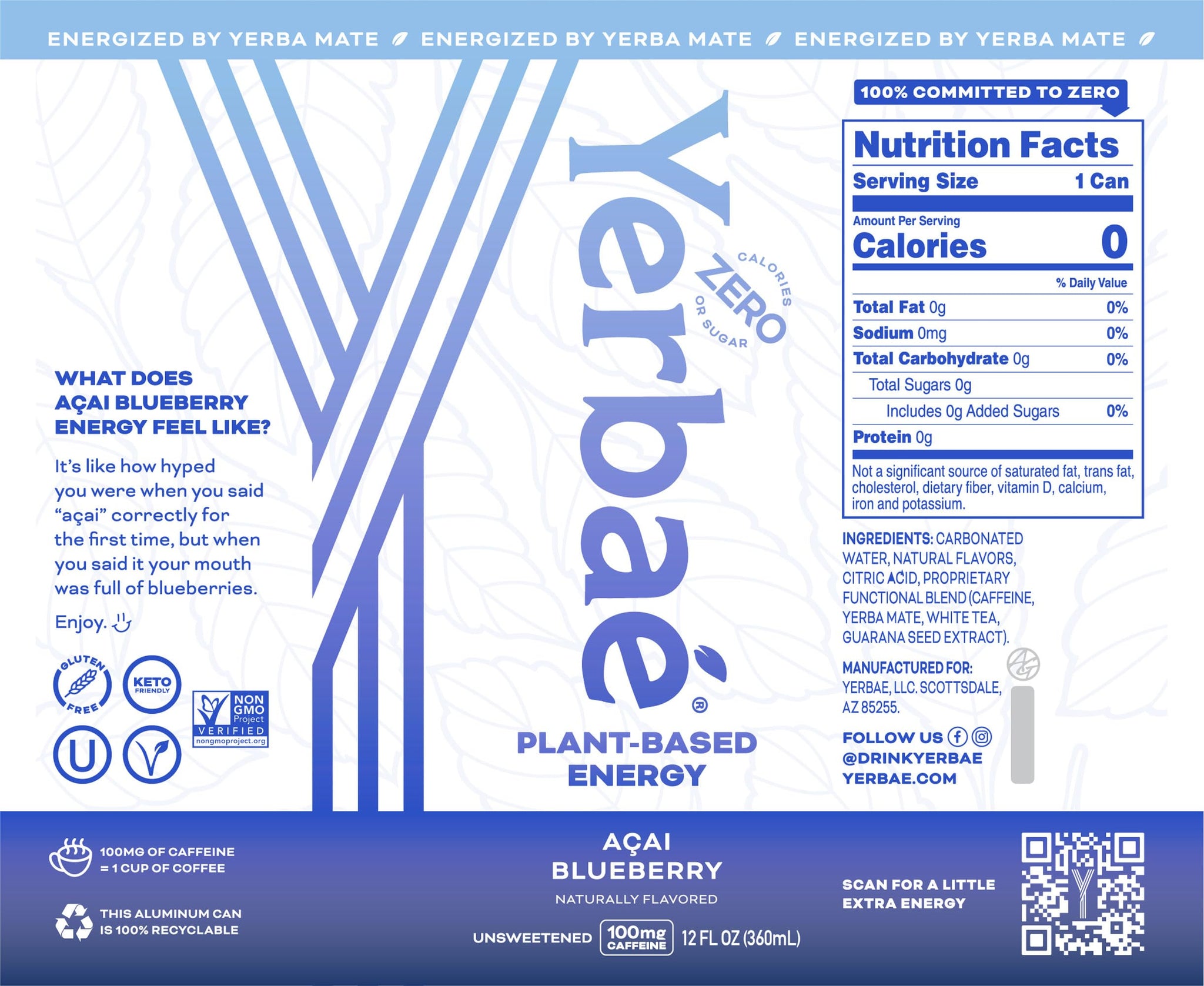 Yerbaé Energy Seltzer - Acai Blueberry, No Sugar/Calories/Carbs. Energized by Yerba Mate, Naturally Caffeinated, Plant-Based, Healthy Alternative