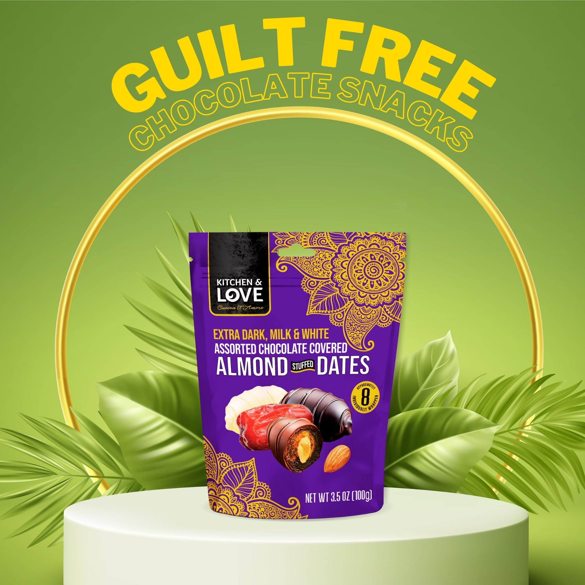 Kitchen & Love Assorted Chocolate Covered Almond Stuffed Dates in a Convenient Resealable Pouch, 8 Individually Wrapped Pieces, Healthy Snack, 3.5 oz