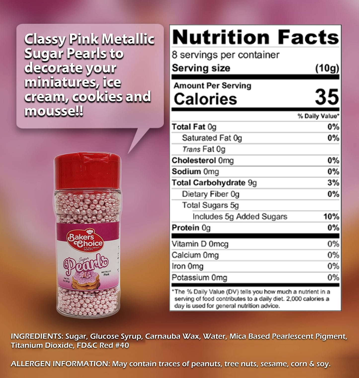 Baker's Choice Bakers Choice Edible Pearls - Metallic Pink Pearl Sprinkles - Edible Sugar Pearls - Dairy Free - Kosher - 3 oz.