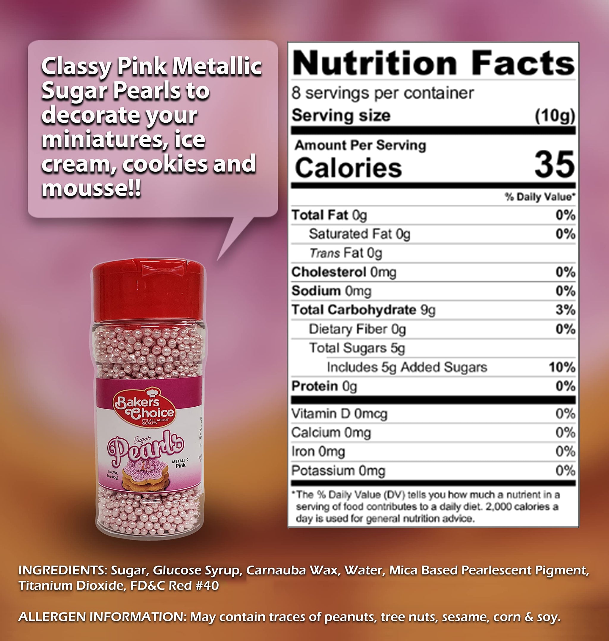Baker's Choice Bakers Choice Edible Pearls - Metallic Pink Pearl Sprinkles - Edible Sugar Pearls - Dairy Free - Kosher - 3 oz.