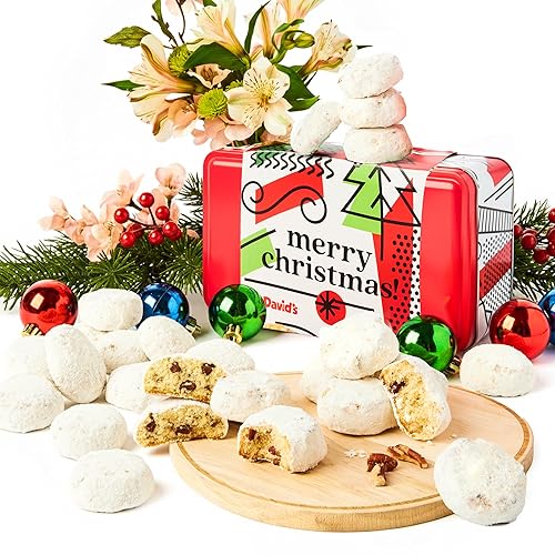 David’s Cookies Merry Christmas Butter Pecan Meltaway Cookies in Sweet Sampler Tin - Soft Gourmet Butter Cookies with Crunchy Pecans - Festive Holiday