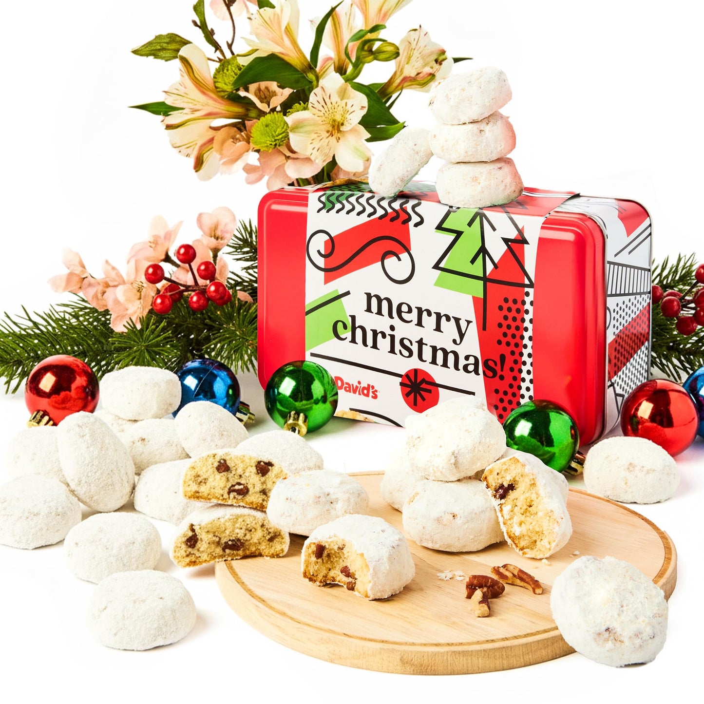 David’s Cookies Merry Christmas Butter Pecan Meltaway Cookies in Sweet Sampler Tin - Soft Gourmet Butter Cookies with Crunchy Pecans - Festive Holiday