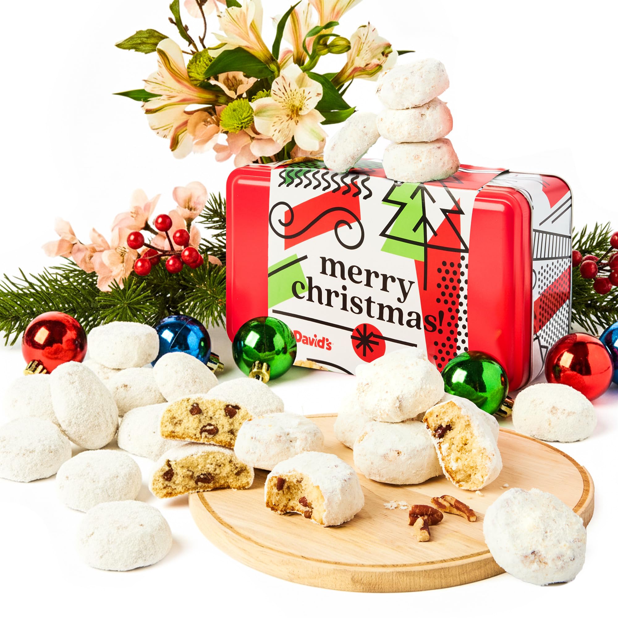 David’s Cookies Merry Christmas Butter Pecan Meltaway Cookies in Sweet Sampler Tin - Soft Gourmet Butter Cookies with Crunchy Pecans - Festive Holiday