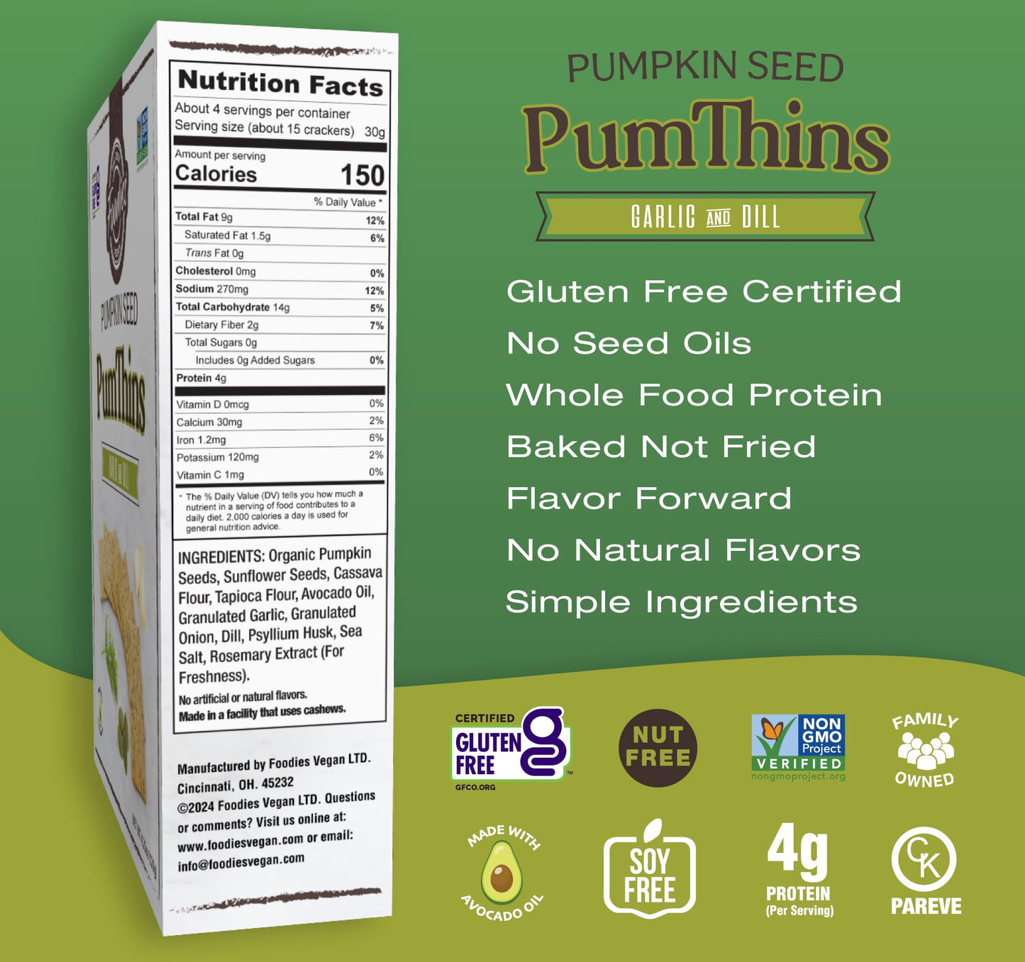 Foodies PumThins Garlic & Dill Crackers, Gluten Free, Made with Organic Pumpkin Seeds, No Seed Oils, Healthy, Paleo Friendly, 4.25 oz 3-Pack