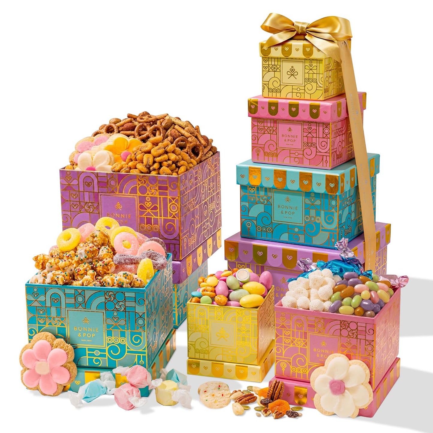 Gift Tower, Summer Candy Snack Gift Box Assortment with Cookies, Pretzels, Caramels, Nuts & Gourmet Treats - Gifts for Men, Women, Office, Employees