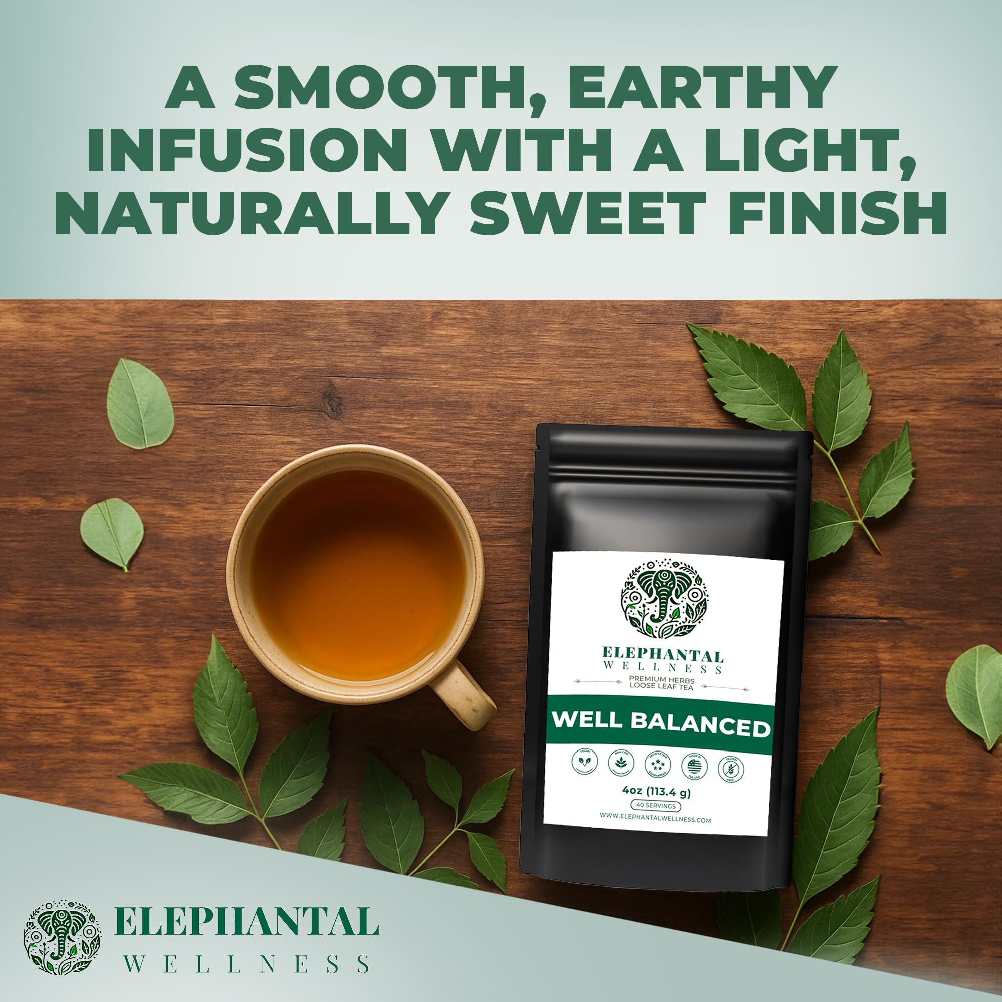 Elephantal Wellness Premium Well Balanced Herbal Tea | Healthy Cortisol, Adaptogenic Stress Energy Support with Ashwagandha, Goji, Reishi, Holy Basil