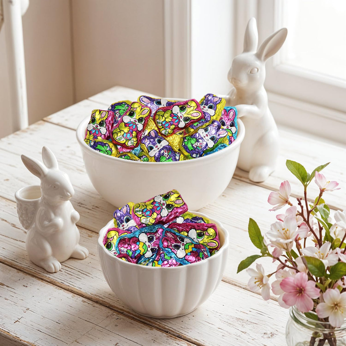 Easter Solid Milk Chocolate Mini Bunnies - 1 Pound Bulk Bag Individually Foil Wrapped Easter Chocolate Bunnies Candy for Easter Baskets, Egg Hunts