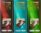 German Dark Chocolate Bundle of 3 Varieties. Moser Roth Dark Sea Salt, 70% Cocoa and Dark Mint Pack of 3. Low Sugar Gourmet Candy Bars. Good for the