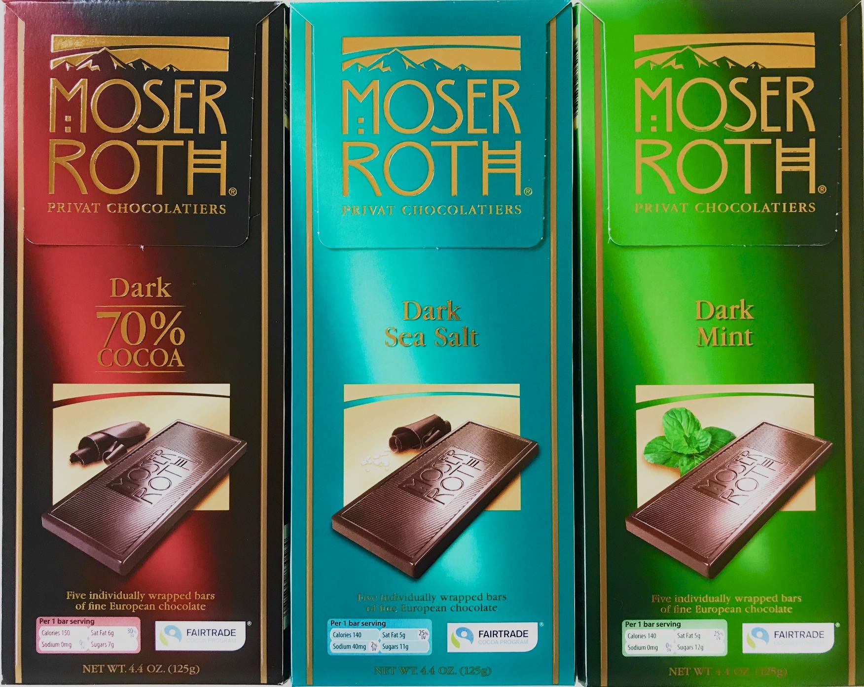 German Dark Chocolate Bundle of 3 Varieties. Moser Roth Dark Sea Salt, 70% Cocoa and Dark Mint Pack of 3. Low Sugar Gourmet Candy Bars. Good for the