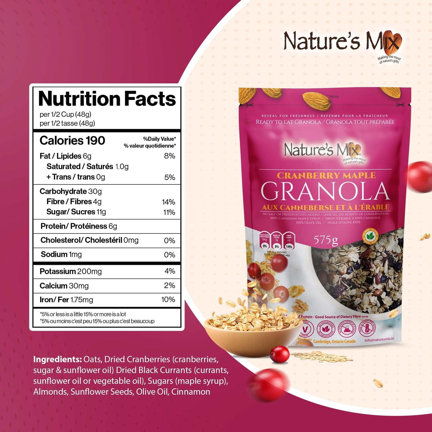 Nature's Mix - Cranberry Maple Granola - Cranberries, Almonds and Maple Syrup with Currants, Sunflower Seeds and Cinnamon - Large