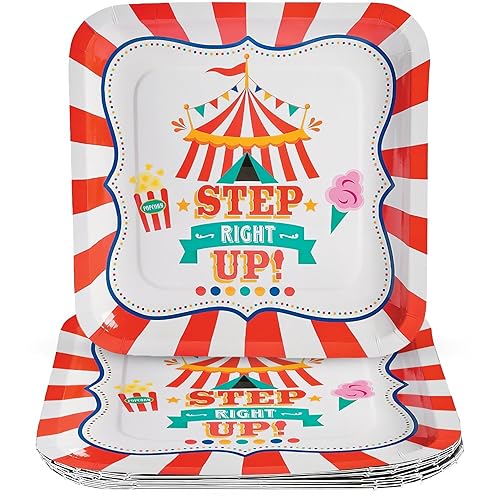 Fun Express Step Right Up Carnival Party Square Paper Dinner Plates - Carnival Themed Disposable Dessert Paper Plates - Decorations Tableware