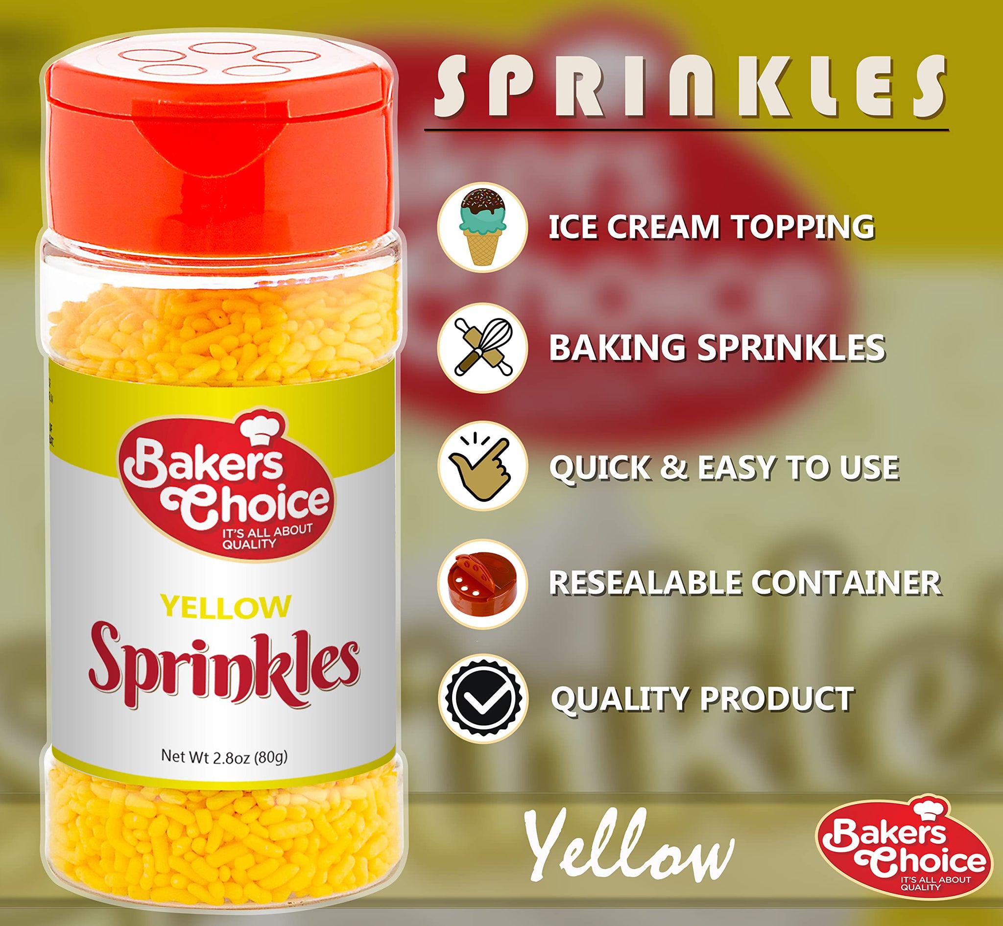 Bakers Choice Yellow Sprinkles for Baking - Jimmies Sprinkles for Ice Cream Toppings - Dairy Free, Kosher 2.8 oz.
