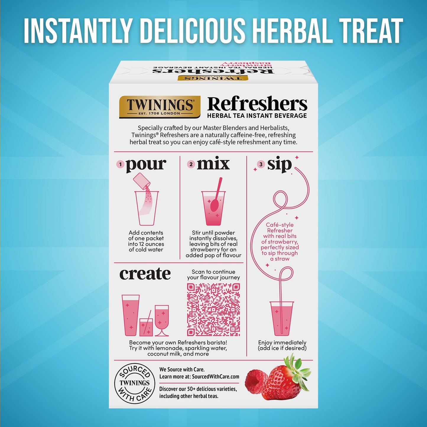 NEW Twinings Strawberry Raspberry Refreshers, Herbal Tea Instant Beverage with Real Strawberry Fruit Bits, 5 Count (Pack of 1), Café Style, No