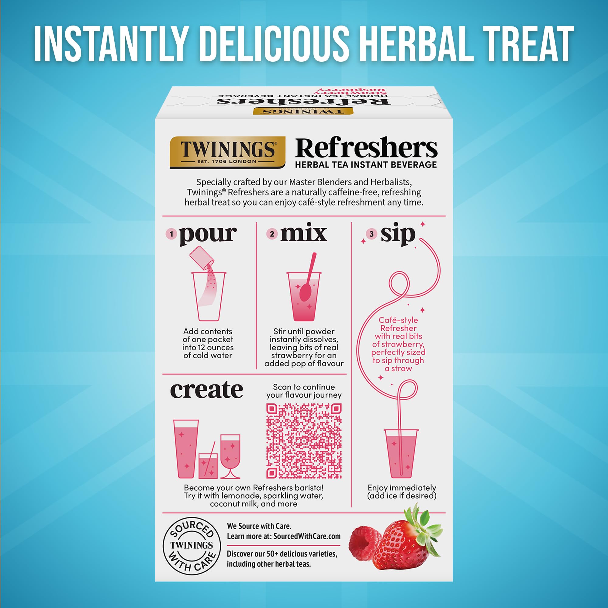 NEW Twinings Strawberry Raspberry Refreshers, Herbal Tea Instant Beverage with Real Strawberry Fruit Bits, 5 Count (Pack of 1), Café Style, No