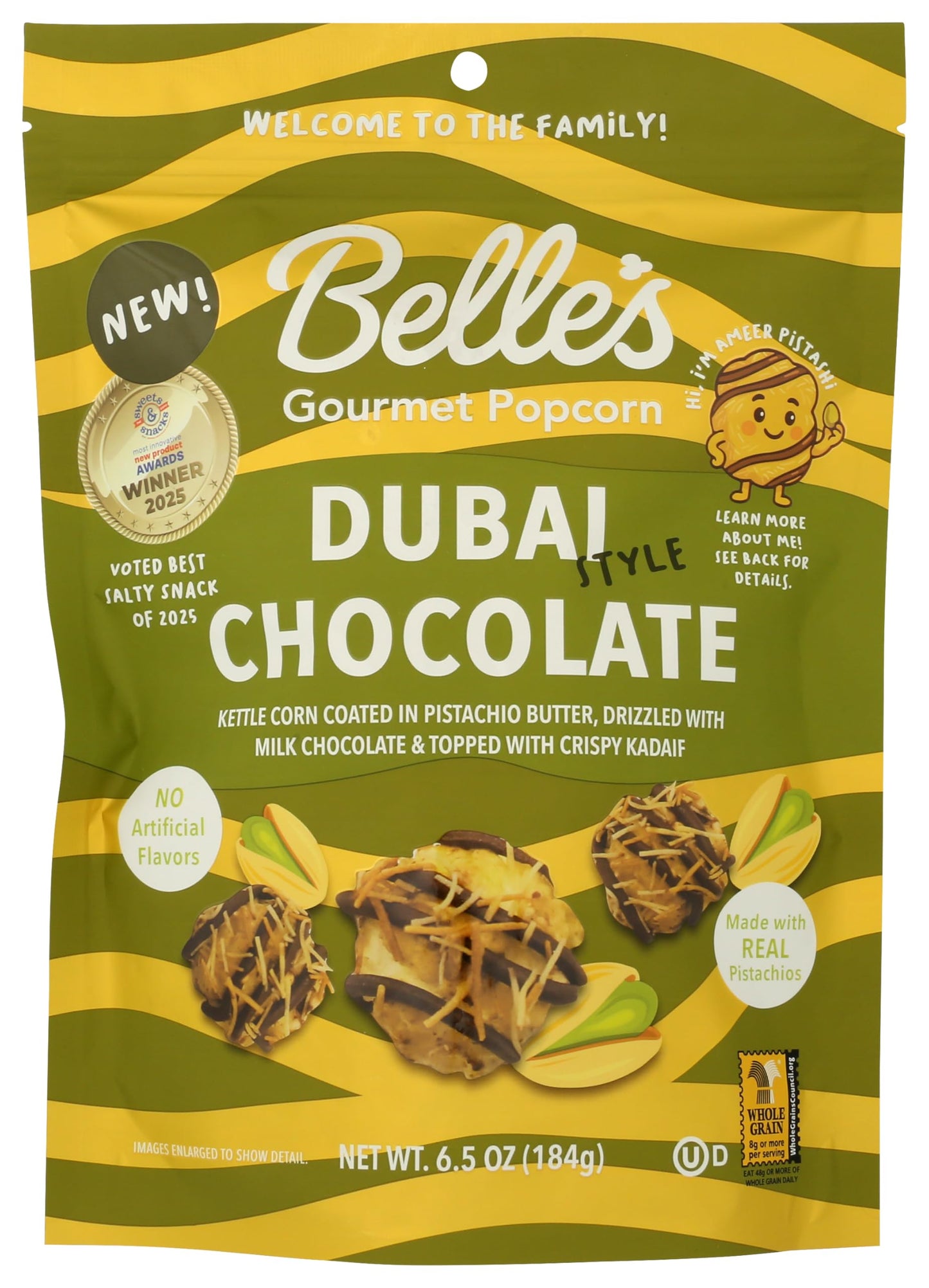 Belle’s Gourmet Popcorn, Dubai Chocolate Flavor, Sweet & Tart Kettle Popcorn, Non-GMO, Kosher Dairy, Bag of 6.5 oz