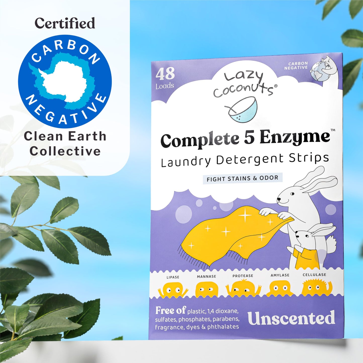 Lazy Coconuts Complete 5 Enzyme Laundry Detergent Strips - Unscented, 48 Loads - Sulfate Free Laundry Detergent With Solid And Liquid Enzymes - Fights