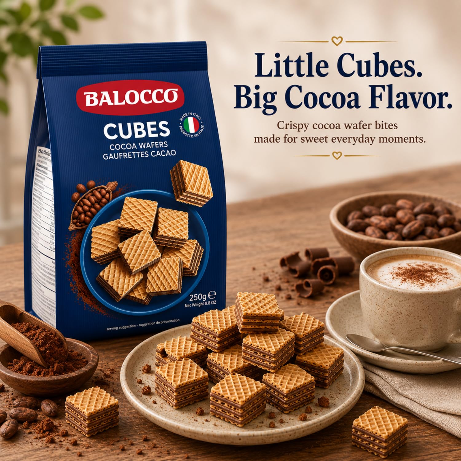 Balocco Cocoa Wafer Cubes Cookies 8.8 Oz (250g) - Crispy Italian Square Wafer Chocolate Cookies with 4 Layers of Cacao Butter, Non-GMO, Product