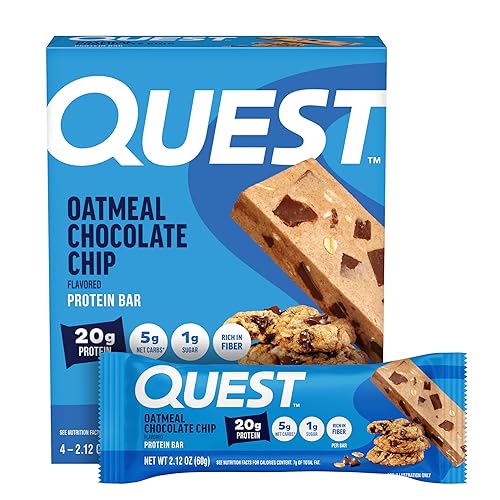 Quest Nutrition Oatmeal Chocolate Chip Protein Bars, 20g Protein, 1g Sugar, 5g Net Carb, Gluten Free, Keto Friendly, 4 Count
