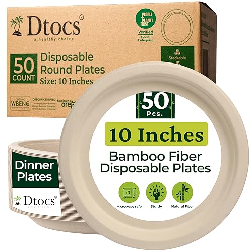 Dtocs Bamboo Disposable Plates 10 Inch (50 Pack) | Heavy Duty Microwavable Compostable Dinner Plate Set Alt to Plastic, Paper Plates 10 Inch | Ideal