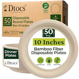Dtocs Bamboo Disposable Plates 10 Inch (50 Pack) | Heavy Duty Microwavable Compostable Dinner Plate Set Alt to Plastic, Paper Plates 10 Inch | Ideal