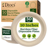 Dtocs Bamboo Disposable Plates 10 Inch (50 Pack) | Heavy Duty Microwavable Compostable Dinner Plate Set Alt to Plastic, Paper Plates 10 Inch | Ideal
