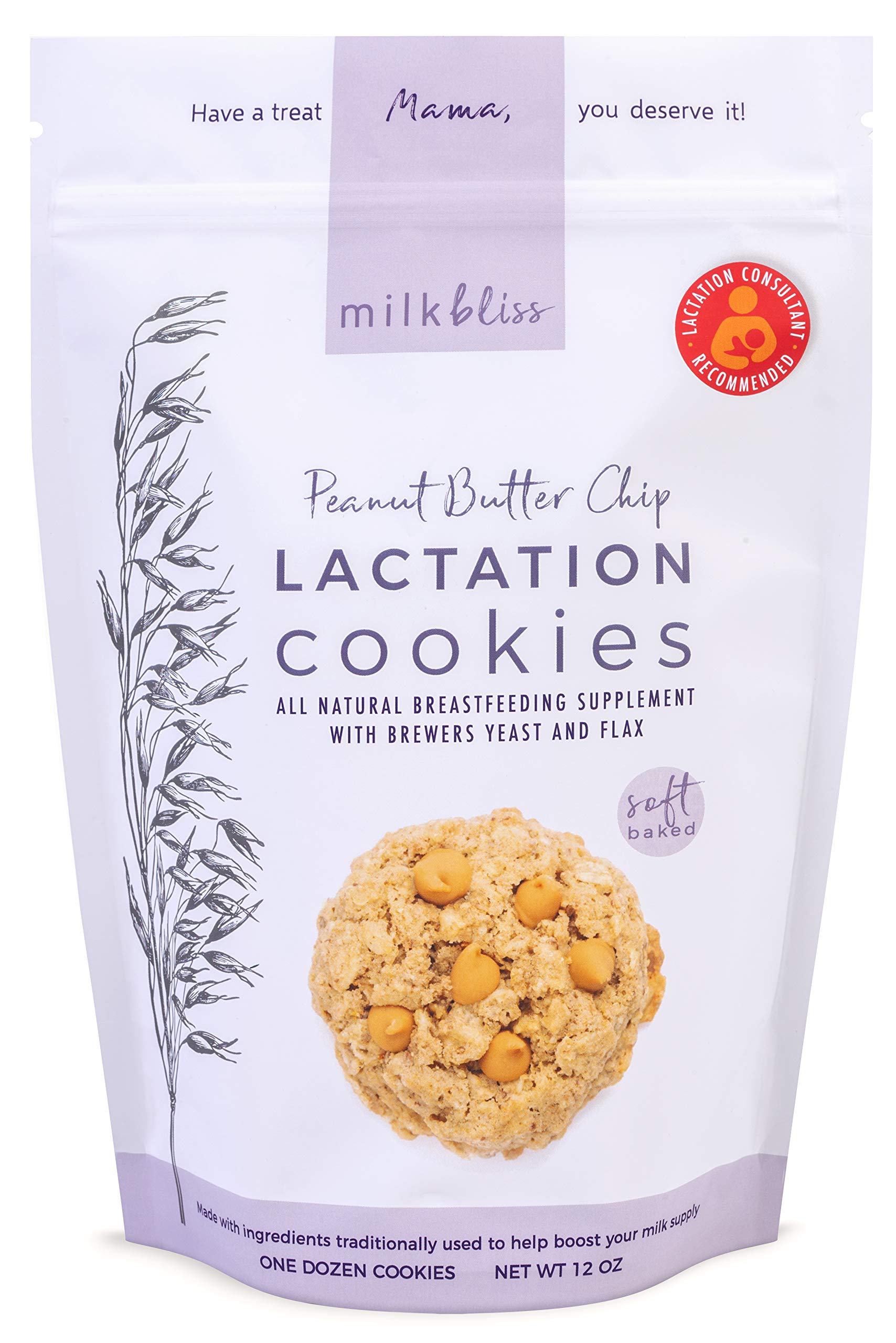 MilkBliss Peanut Butter Chip Soft Baked Lactation Cookies for Breastfeeding, All Natural and GMO Free Lactation Boosting Ingredients! Oats, Flaxseed, Brewers Yeast. 12 Count