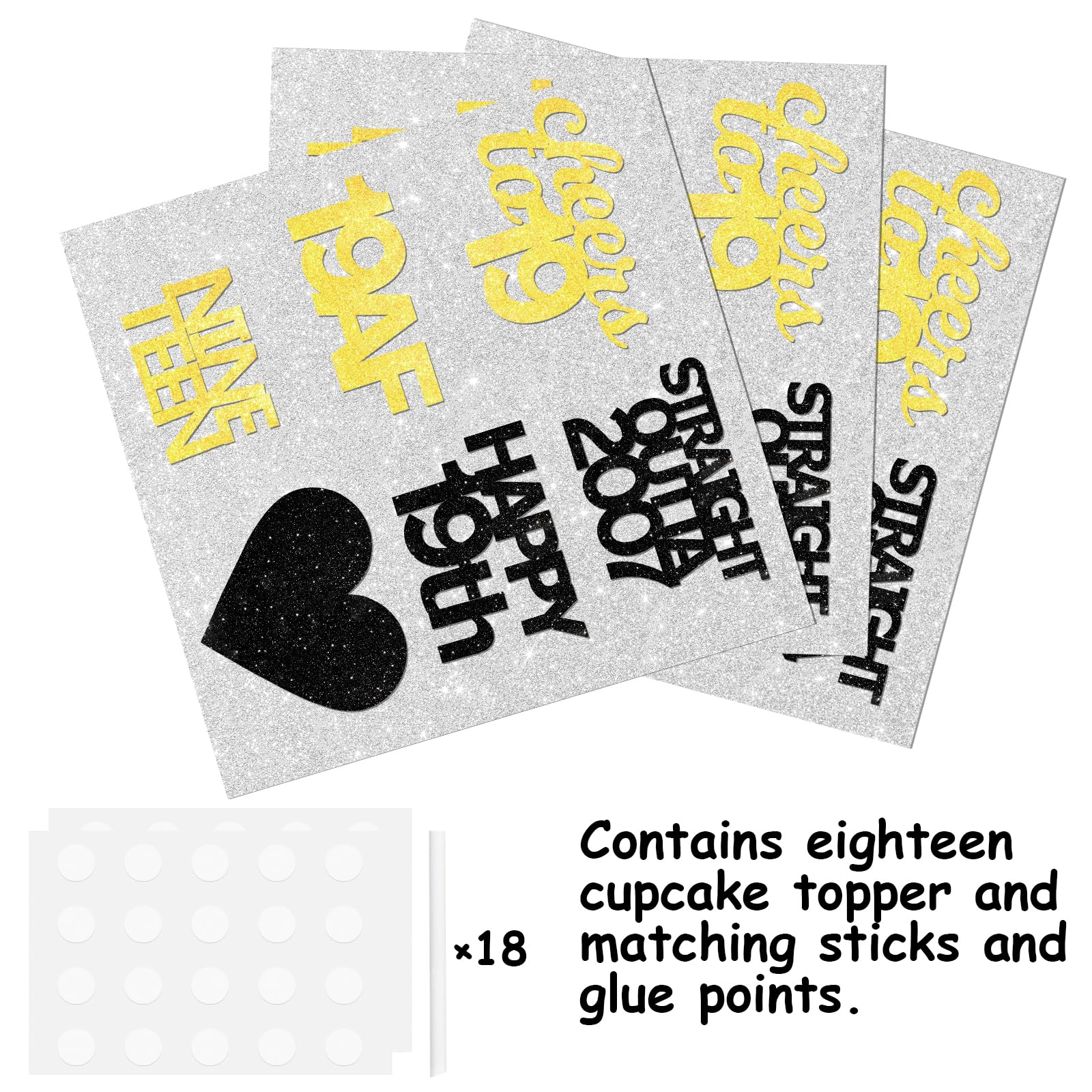 18pcs Black Gold Glitter Dessert Cupcake Pick for Straight Outta 2007 Cheer to 19 Years Old Theme Decor Supplies Happy 19th Birthday Party Decoration