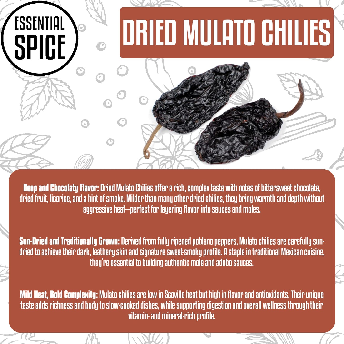 Essential Spice Dried Mulato Chilies, 5 lb - Sweet, Smoky Flavor with Notes of Chocolate & Dried Fruit - Whole Dried Pods for Mole, Enchilada Sauce