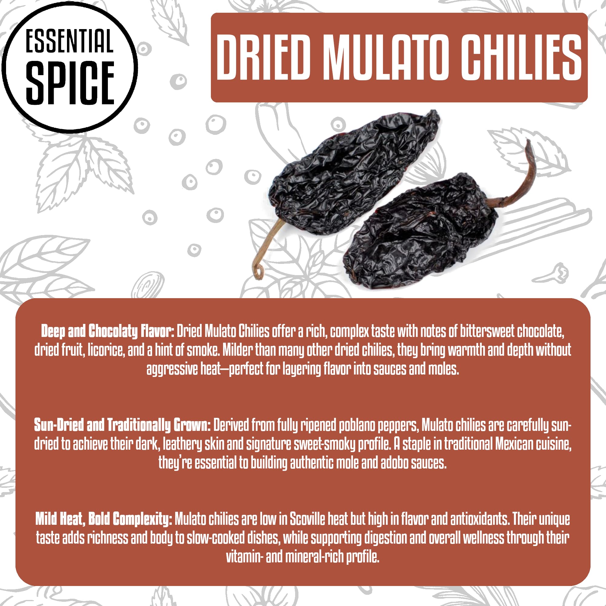 Essential Spice Dried Mulato Chilies, 5 lb - Sweet, Smoky Flavor with Notes of Chocolate & Dried Fruit - Whole Dried Pods for Mole, Enchilada Sauce