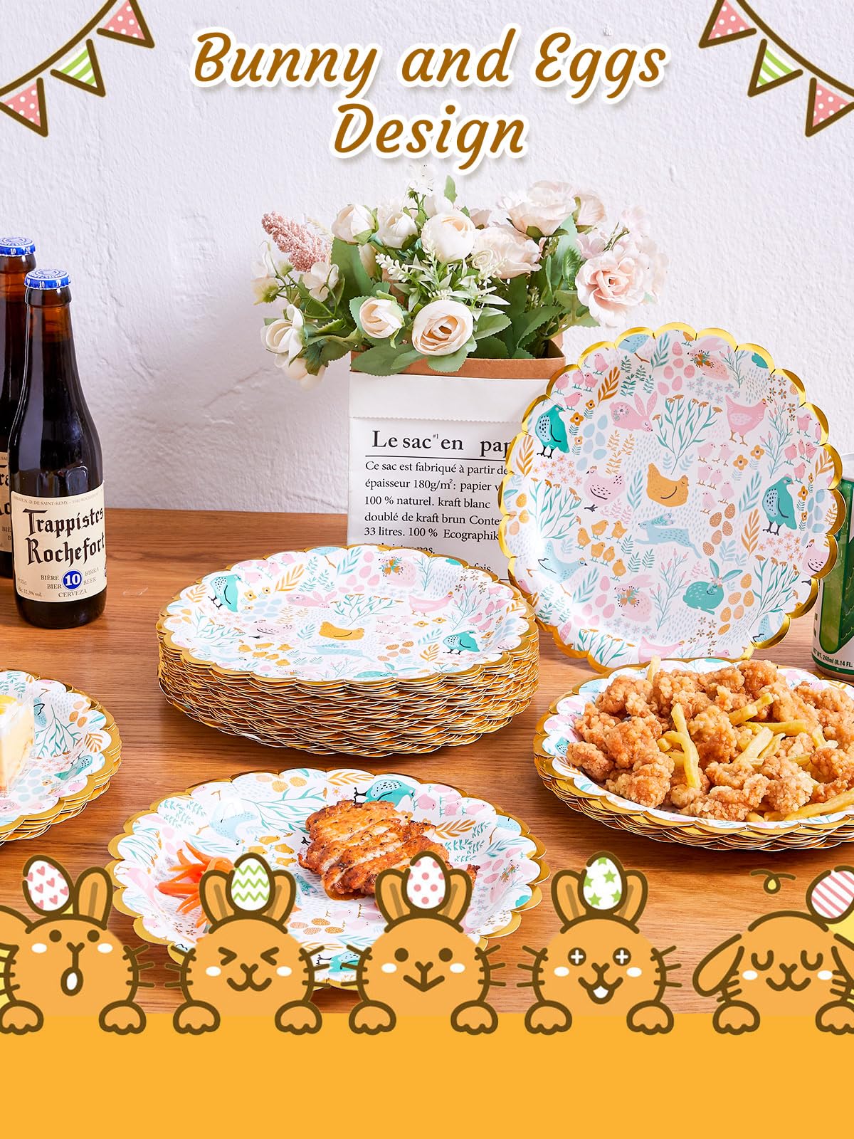 KTCNMER Easter Paper Plates Bulk 50 pcs 9 in Dinner Disposable Plates Heavy-duty for Easter Party Supplies, Gold Foil Scalloped Edge