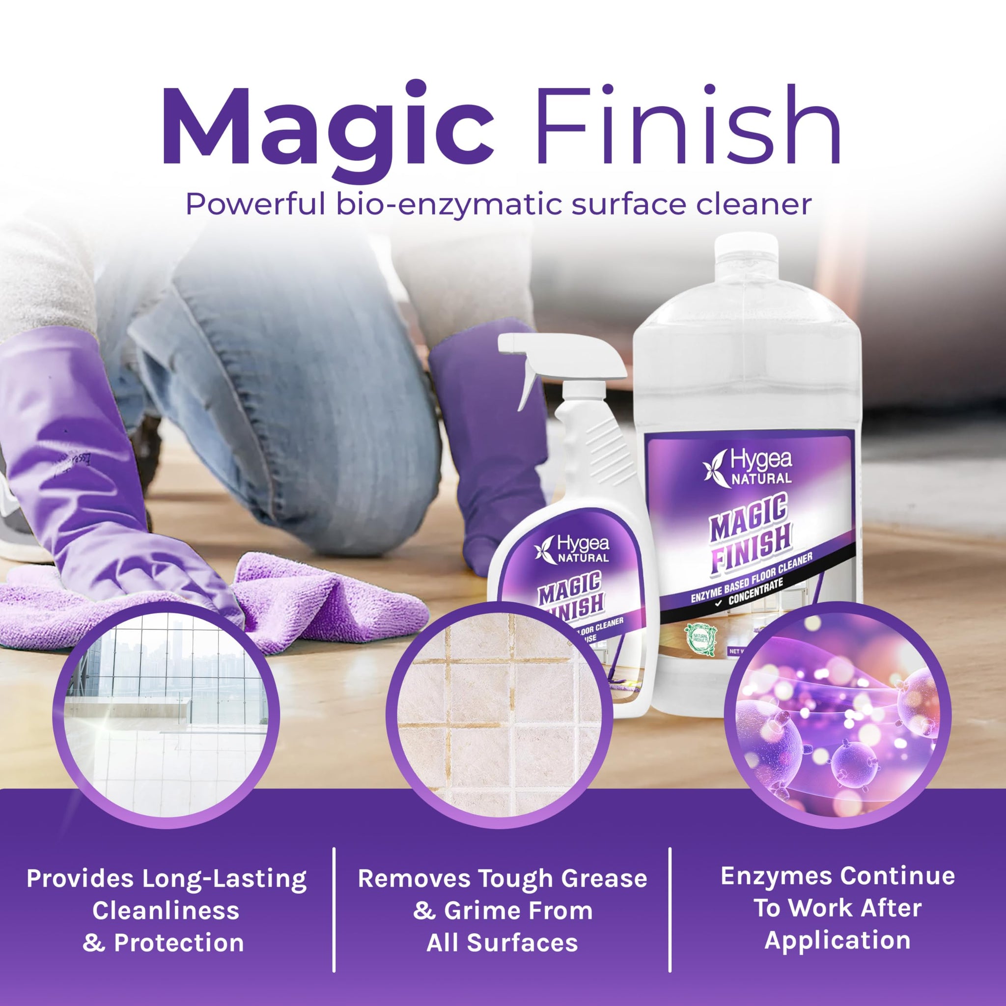 Hygea Natural Magic Finish Enzyme-Based Floor Cleaner - Clean Formula - Removes Grease Buildup in Tile & Grout - for All Hard Floors (Ready to Use