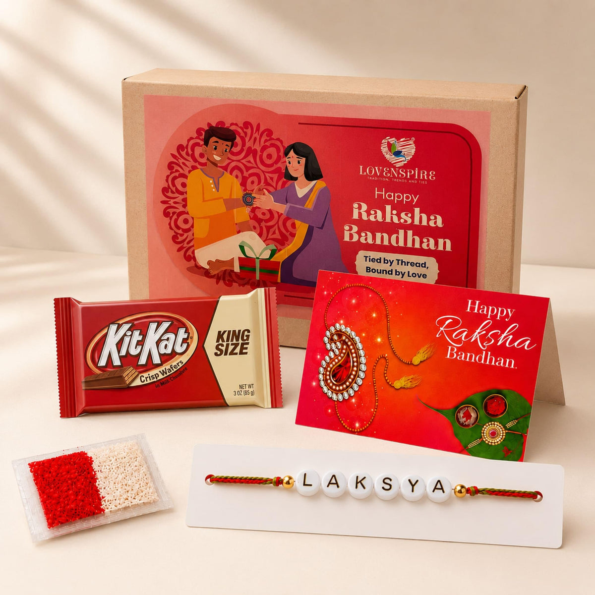 LoveNspire Personalized Name Bead Rakhi for Brother - Custom Bracelet Jewelry Gift with Greeting Card, Roli Chawal & Chocolates, Raksha Bandhan Gift