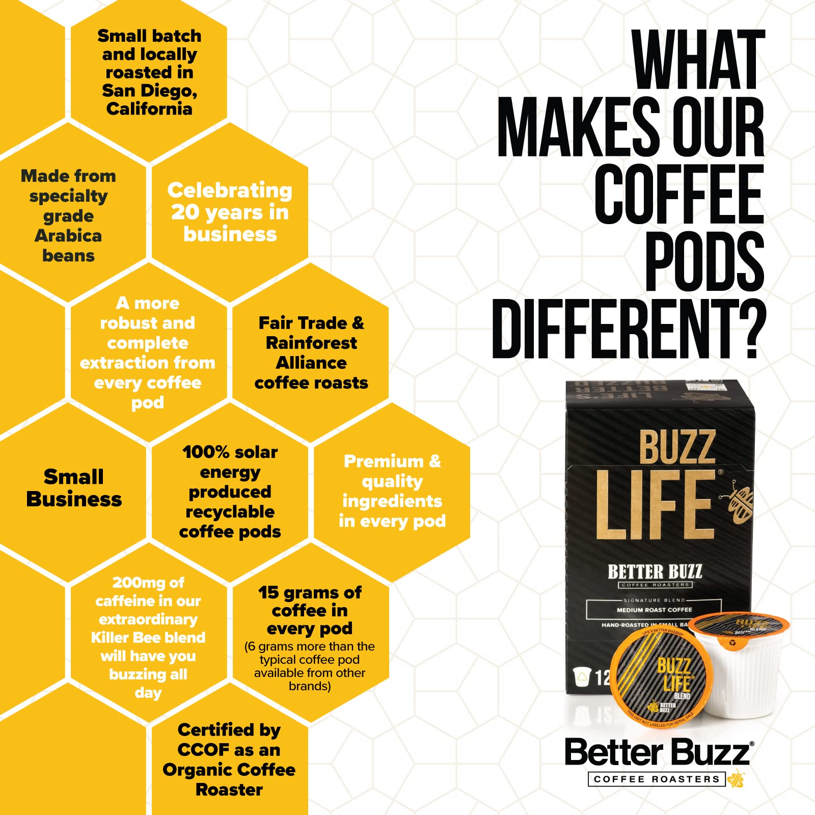 Better Buzz Killer Bee Super Caffeinated Dark Roast Light Roast Blend 12ct., California Solar Energy Produced Recyclable Coffee Pods, Small Batch