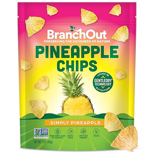 BranchOut Pineapple Chips, No Added Sugar, Real Dried Pineapple Chunks, 100% Fruit, Better than Freeze Dried Pineapple, Healthy Vegan Snacks for Kids