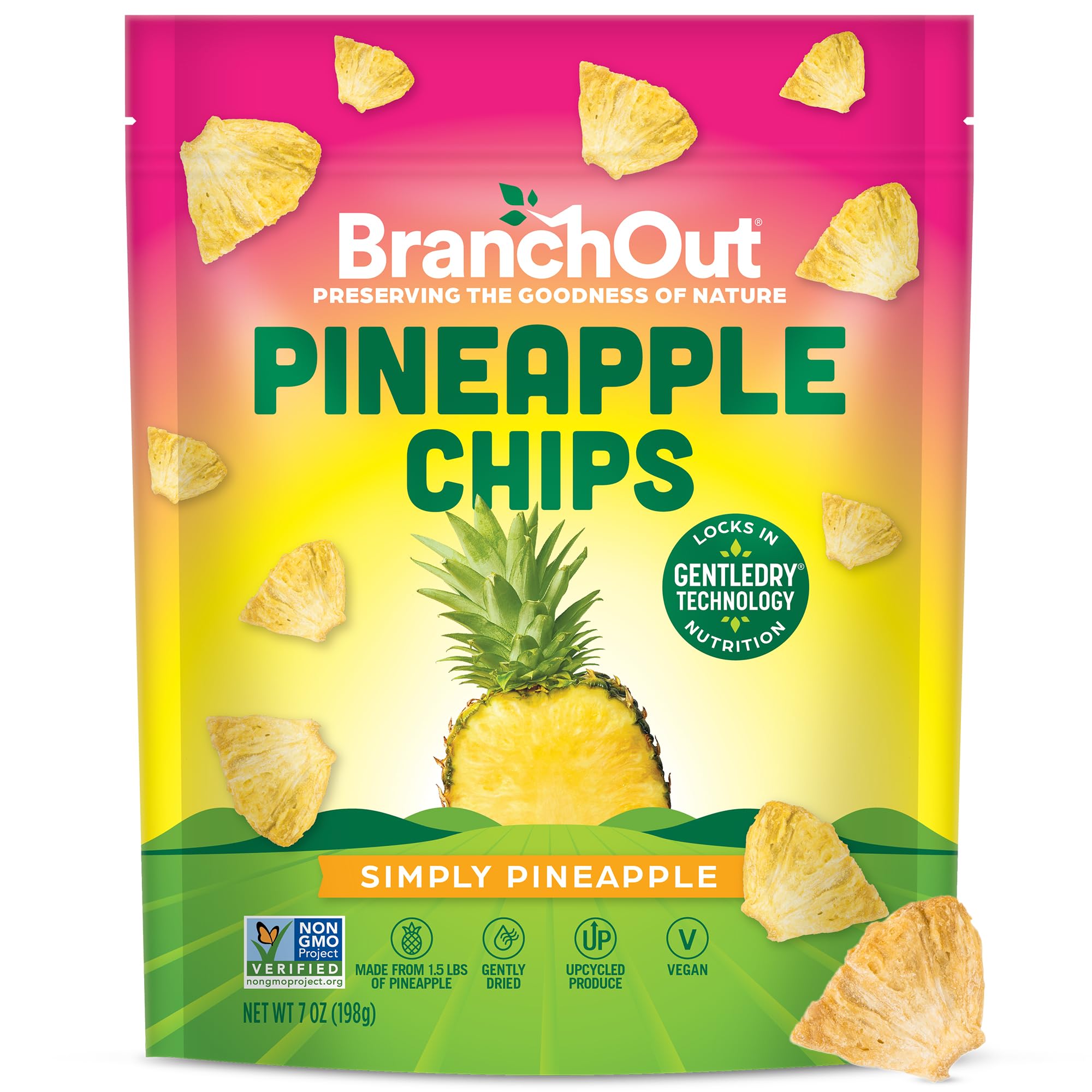 BranchOut Pineapple Chips, No Added Sugar, Real Dried Pineapple Chunks, 100% Fruit, Better than Freeze Dried Pineapple, Healthy Vegan Snacks for Kids