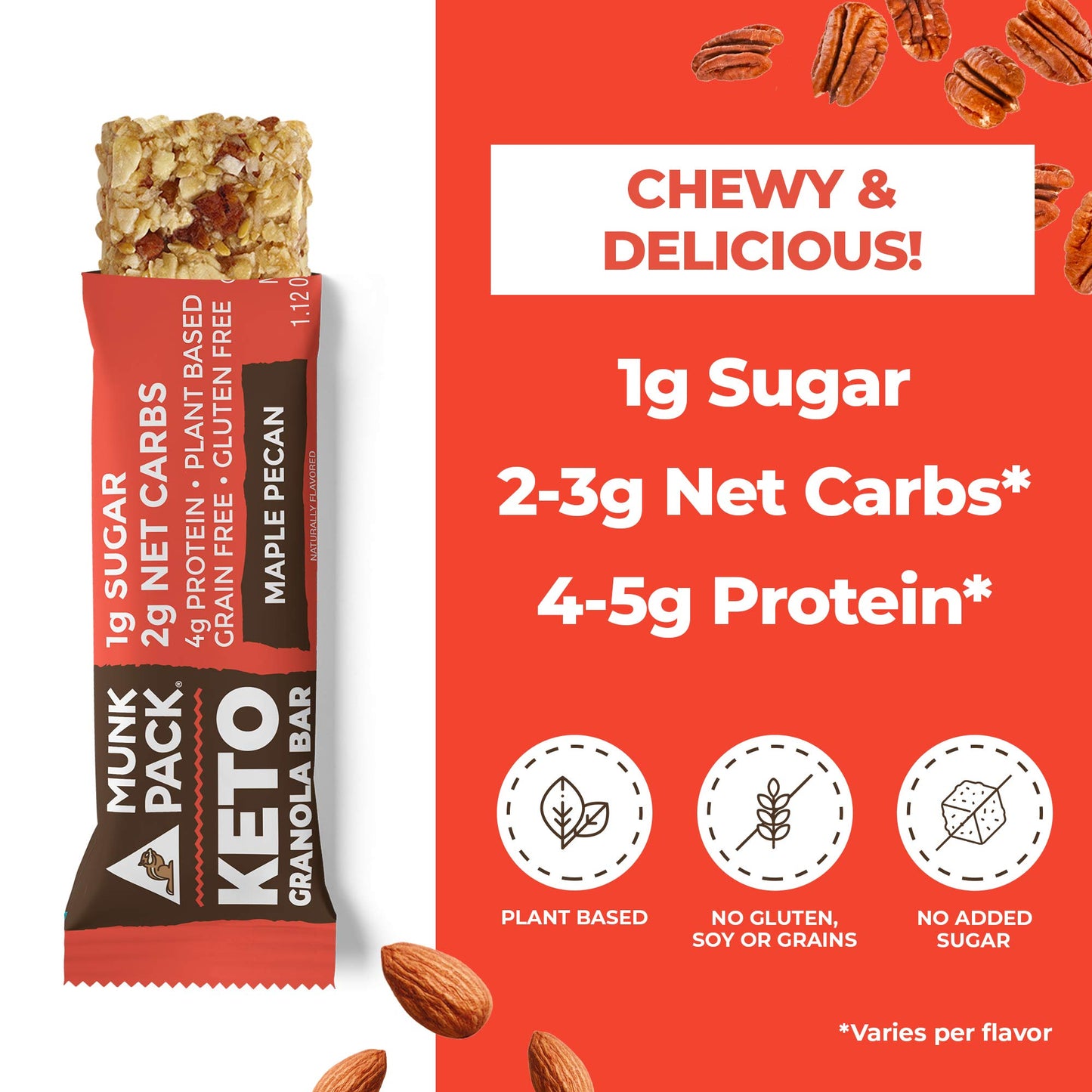 Munk Pack Keto Maple Pecan Granola Bars, 1g Sugar, 2g net Carbs, Keto Snacks, Plant Based Gluten, Grain & Soy Free No Sugar Added (1 Pack with 4 bars)