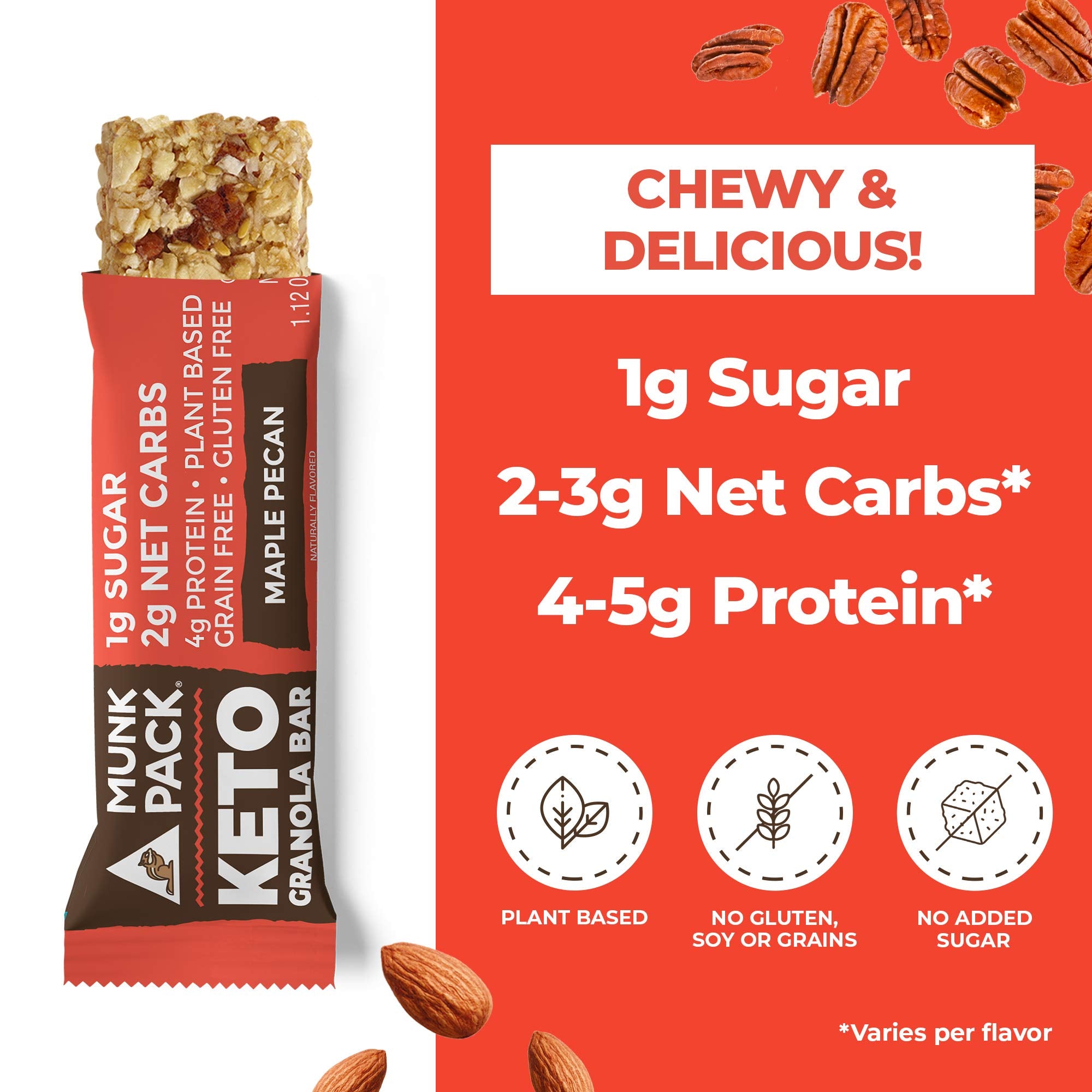 Munk Pack Keto Maple Pecan Granola Bars, 1g Sugar, 2g net Carbs, Keto Snacks, Plant Based Gluten, Grain & Soy Free No Sugar Added (1 Pack with 4 bars)