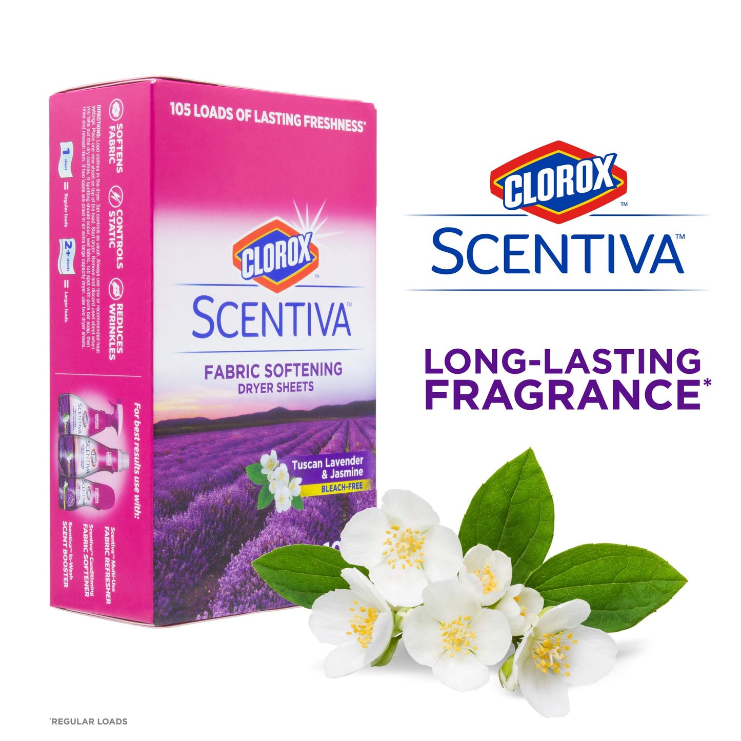 Clorox Scentiva Fabric Softener Dryer Sheets, Tuscan Lavender & Jasmine Scent - Wrinkle Reducing Scented Softening Laundry Dryer Sheets for Great