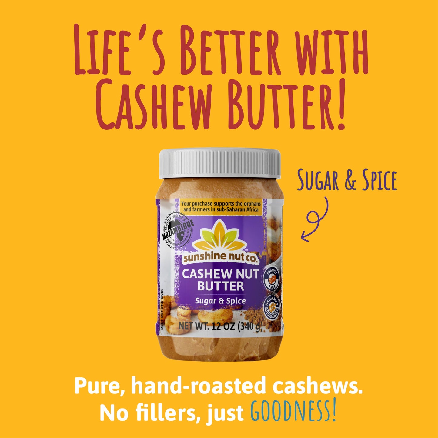 Sunshine Nut Company Gourmet Natural Cashew Butter, Sugar & Spice, 1 Pack, Vegan Spread with Hand-Roasted Mozambique Cashews, No Added Sugar, 13.6 oz