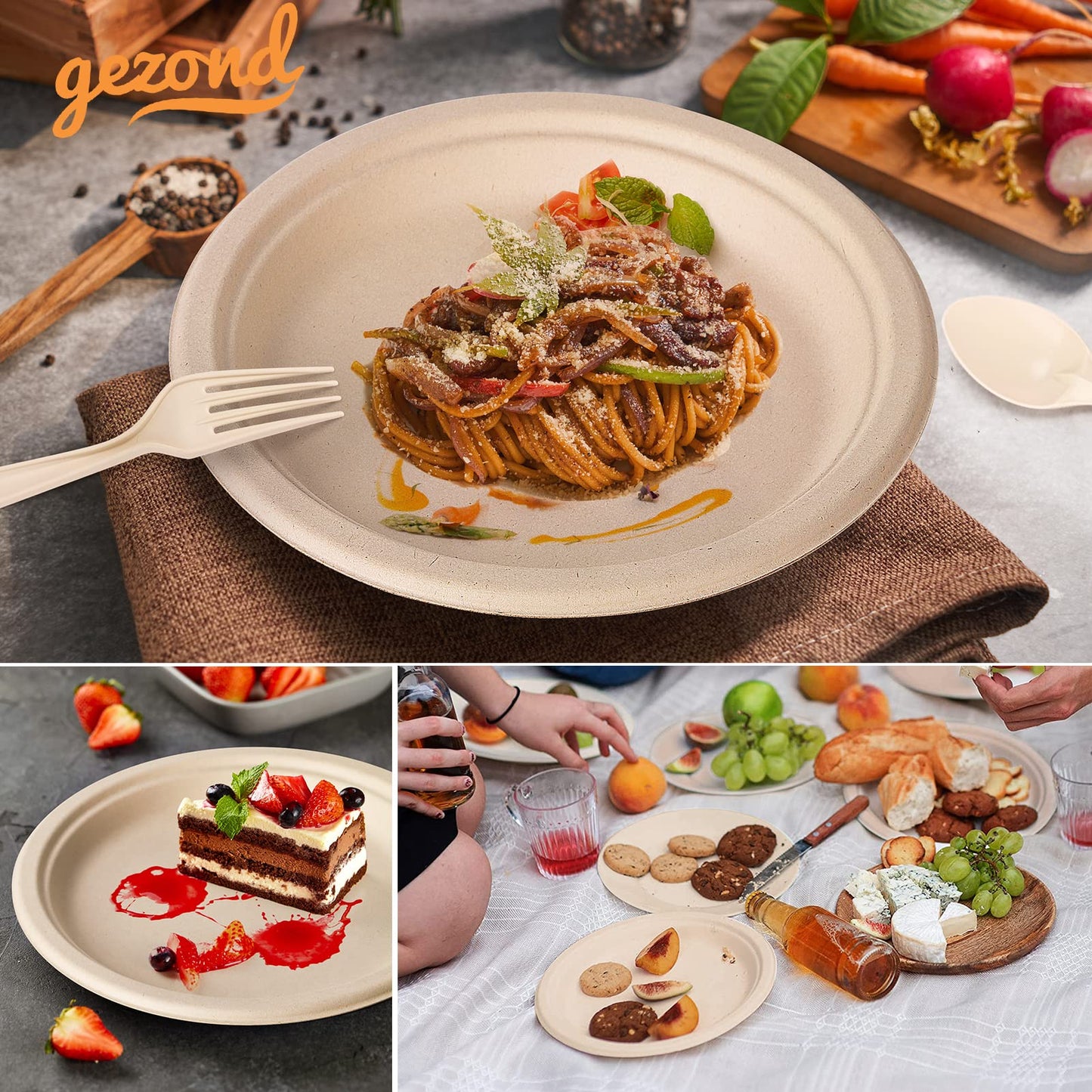 Gezond 250Pcs Disposable Paper Plates Set, Compostable Plate Sugarcane Utensils Eco Friendly Dinnerware Kit Includes 50 Biodegradable Plates, Forks