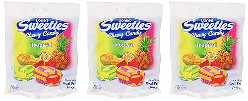 Bonart Sweeties Tropical Fruit Chews Pack of 3 - Chewy Melon and Pineapple Candy and Watermelon and Tropical Fruit with Creamy Filling - 7 Ounce Bags