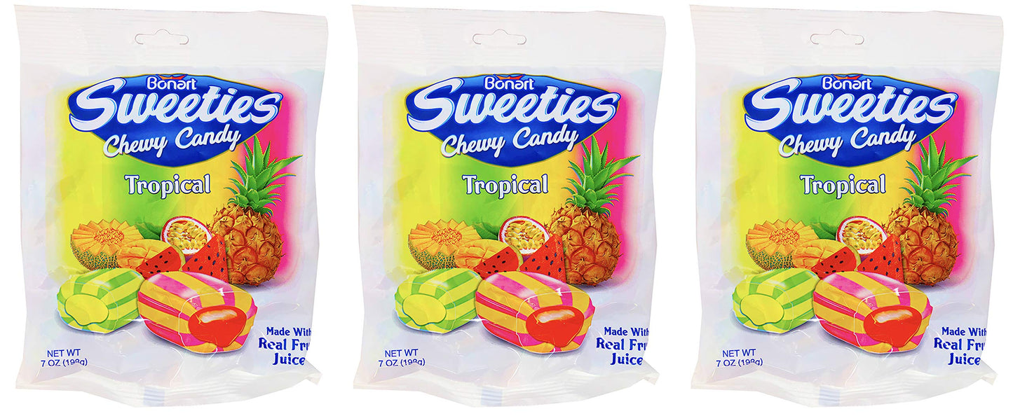 Bonart Sweeties Tropical Fruit Chews Pack of 3 - Chewy Melon and Pineapple Candy and Watermelon and Tropical Fruit with Creamy Filling - 7 Ounce Bags