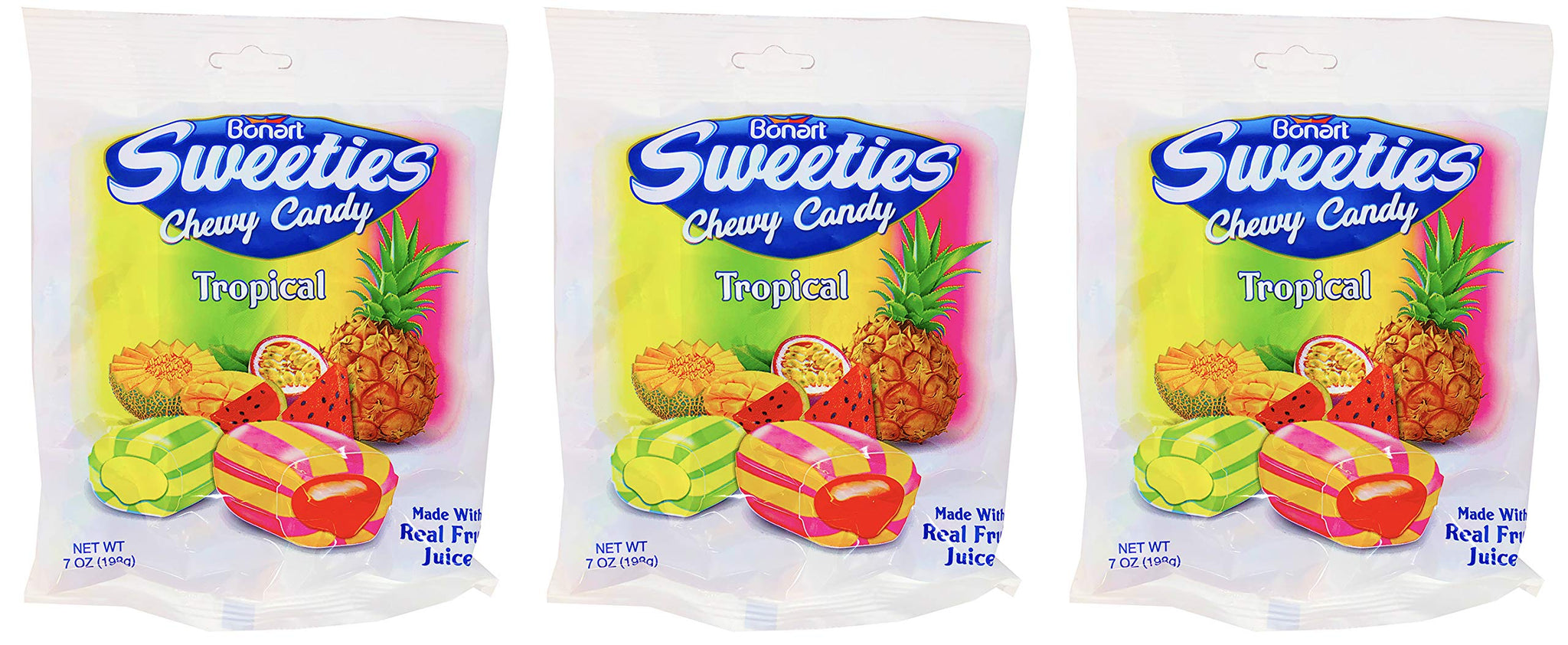 Bonart Sweeties Tropical Fruit Chews Pack of 3 - Chewy Melon and Pineapple Candy and Watermelon and Tropical Fruit with Creamy Filling - 7 Ounce Bags