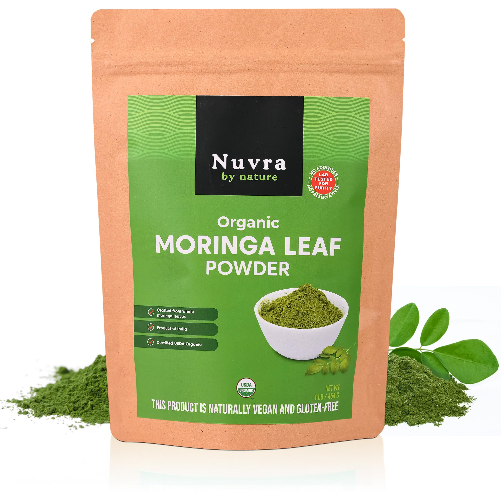 Nuvra by Nature Organic Moringa Leaf Powder - 1 lb | 100% Pure & Natural, Premium Quality Superfood for Smoothies, Tea & Lattes | Certified USDA