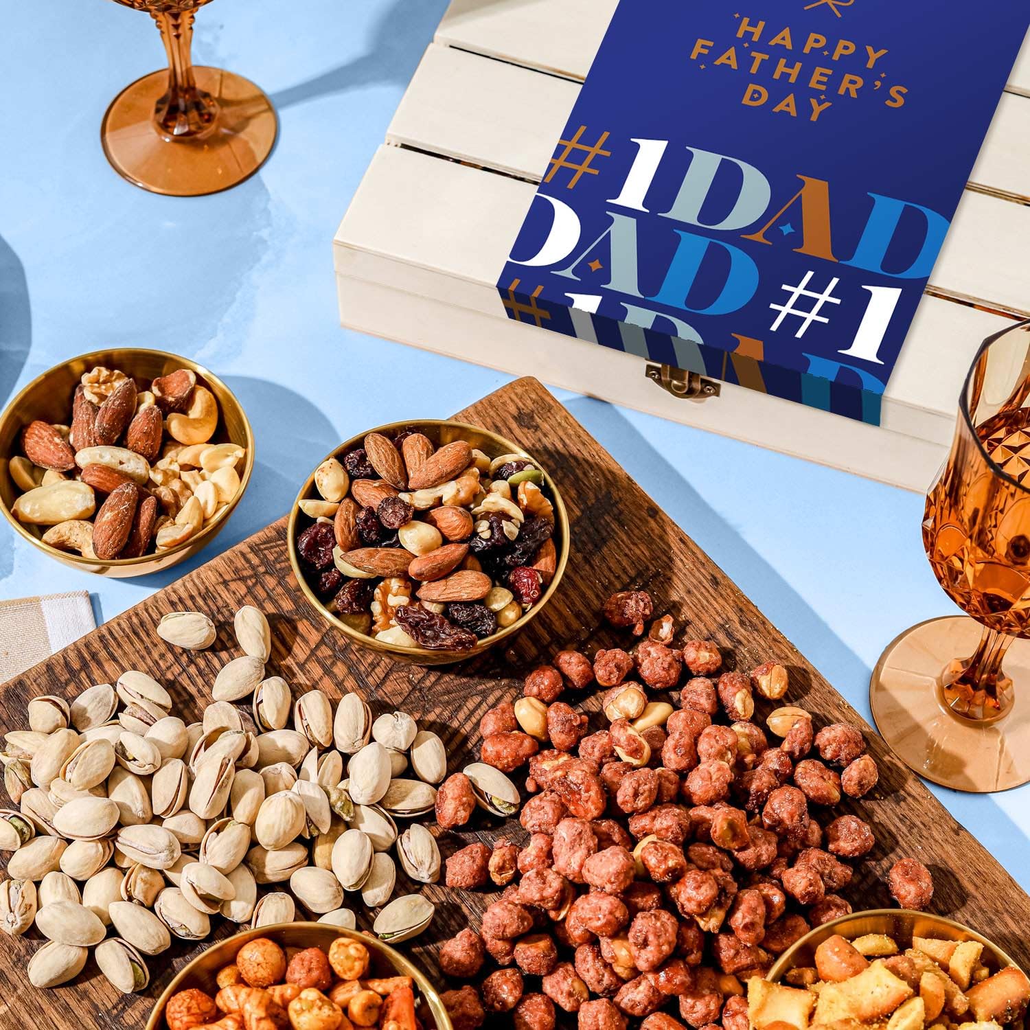 Fathers Day Gift Basket, Nut Gift Basket in Reusable Wooden Crate, Healthy Gift Option, Gourmet Snack Food Box, with Unique Flavors, Great for Dad