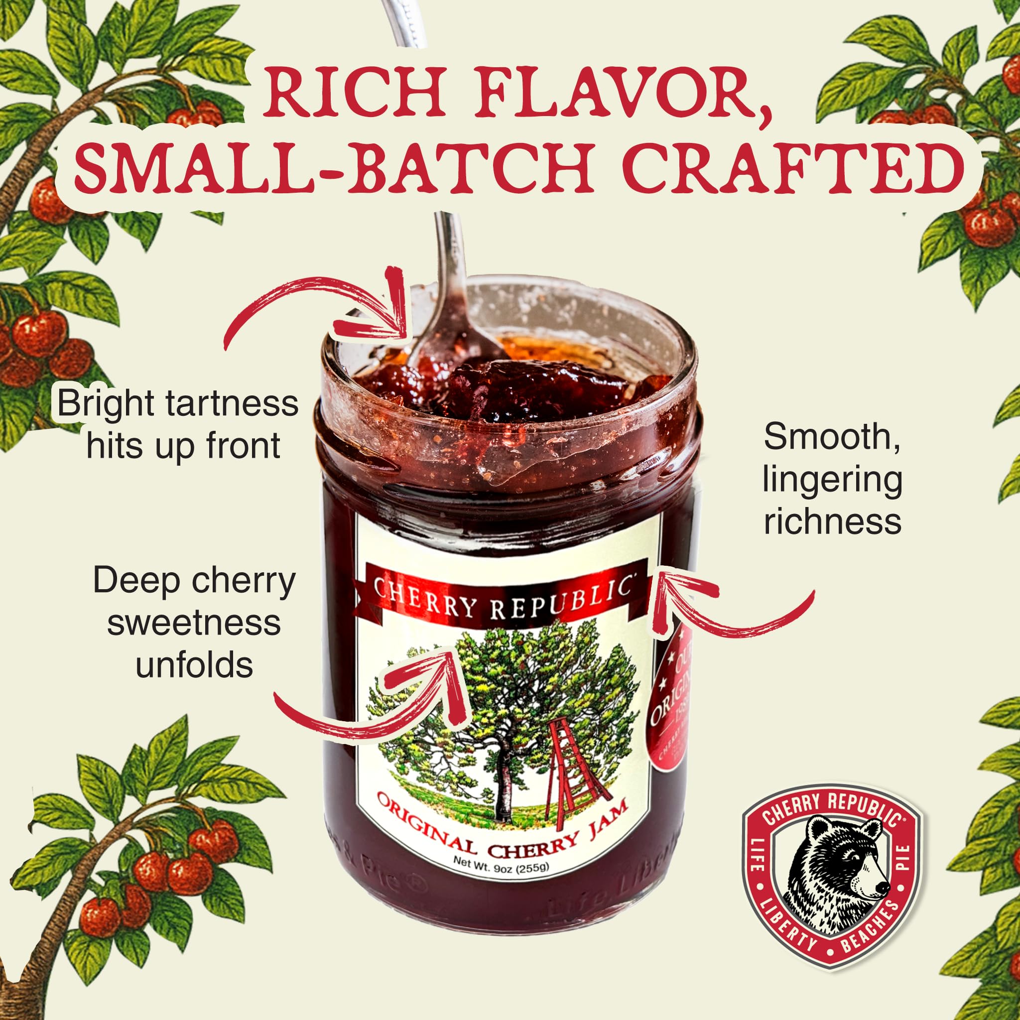 Cherry Republic Orginal Cherry Jam, 9 oz - Made with Real Chunks of Michigan Cherries, Balanced Sweet Tart Flavor, Made with Simple Ingredients