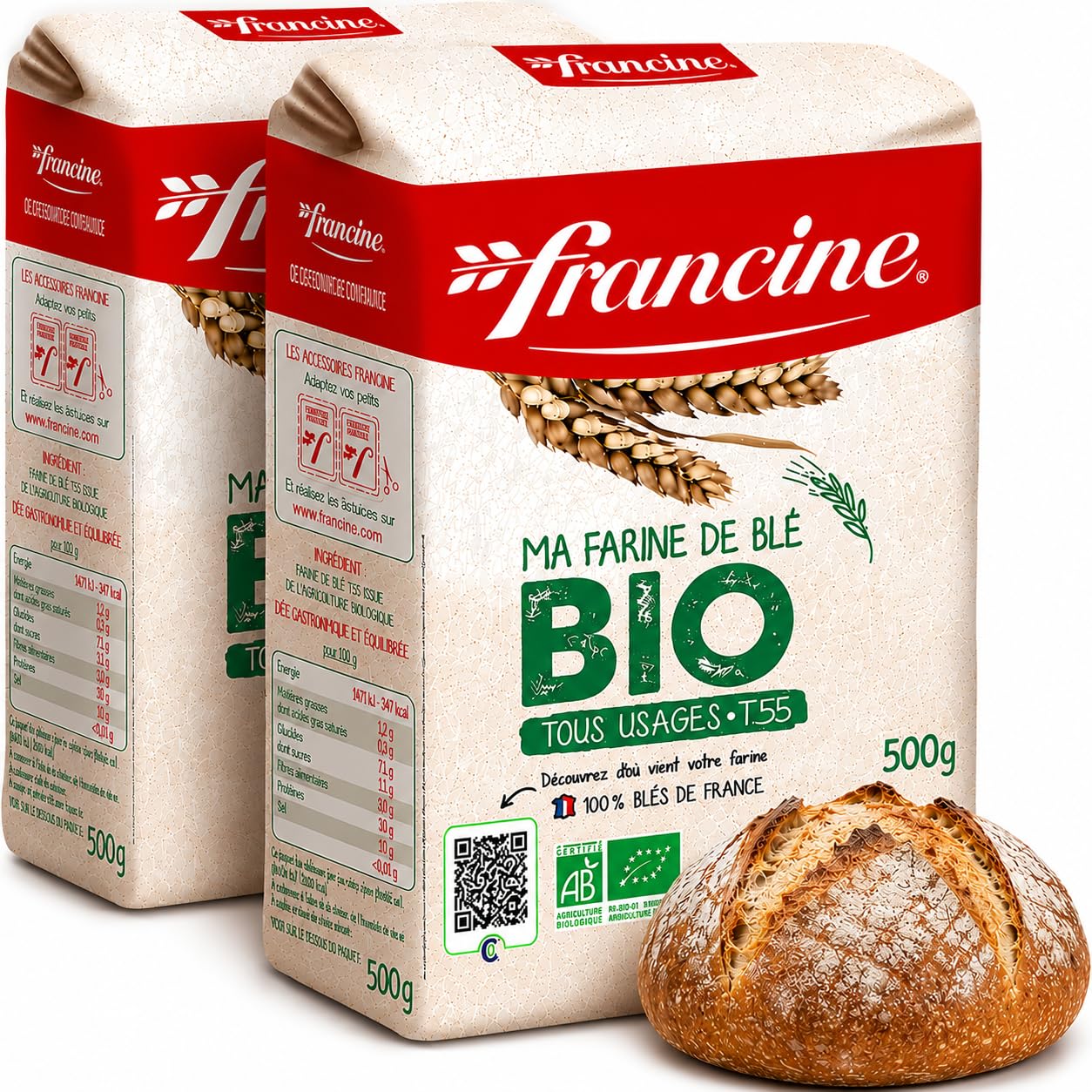 Francine Organic Wheat Flour, T55 Bio French Flour from France with Lower Gluten Content, Makes Great Breads, Pastries and Desserts, 35.3oz/1 kg (Pack